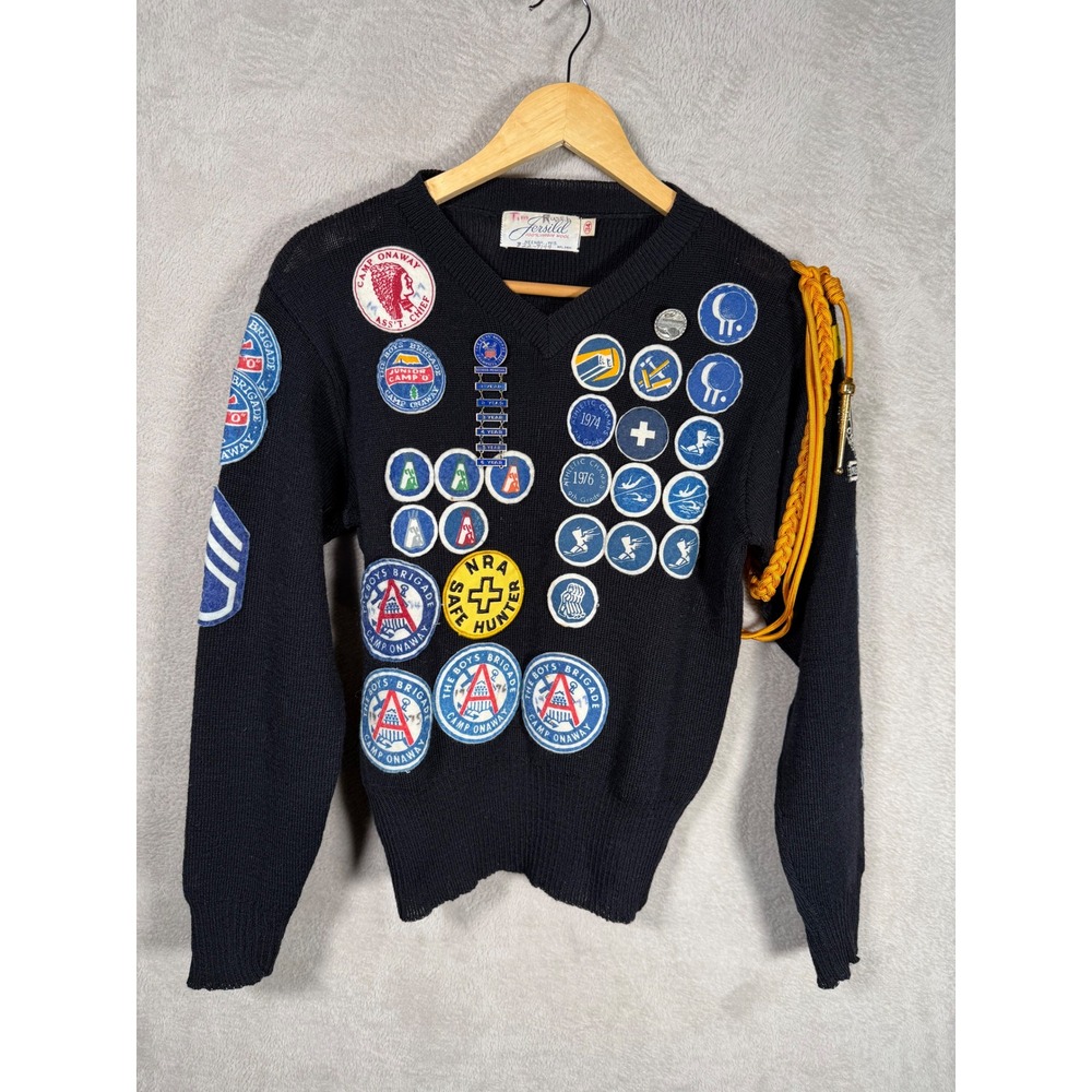 Vintage 70's Wool V-Neck Sweater Boy Scouts Boys Brigade Patches Black 34